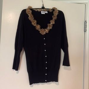 Black cardigan animal print neckline rhinestone button detail- rosette detail